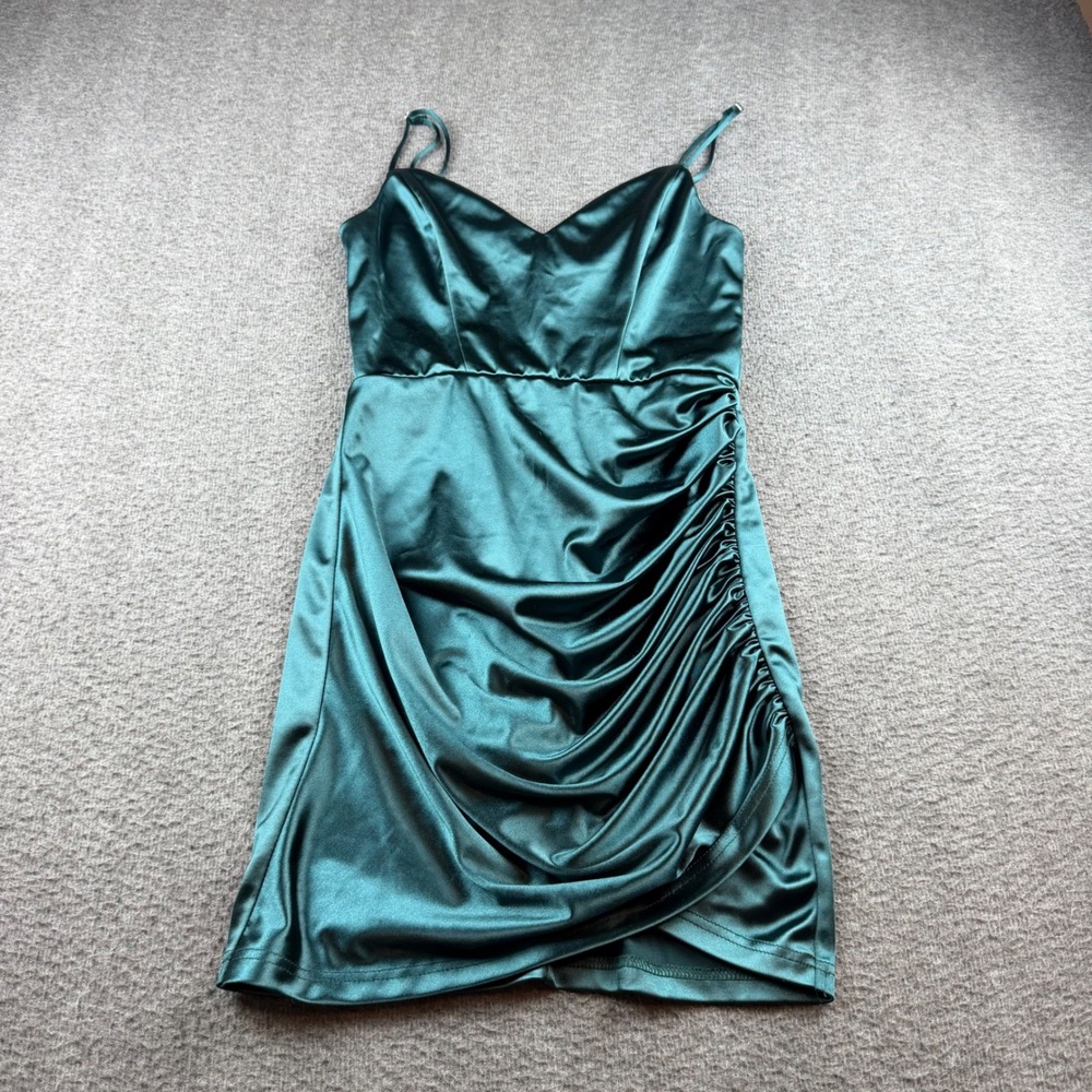 Lucy in the Sky Mini Dress Women's Size M Green Satin Ruched Cocktail Party